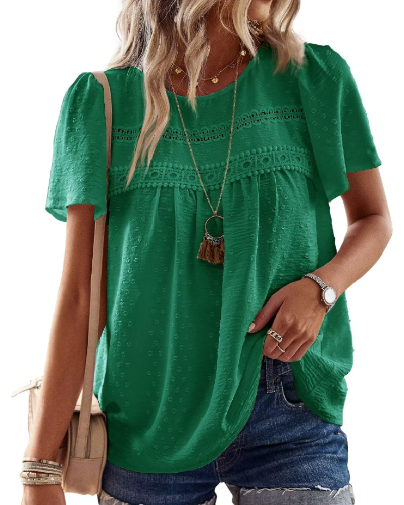 Talia Blouse Bohème Femme en Dentelle – Haut Col Rond à Manches Courtes