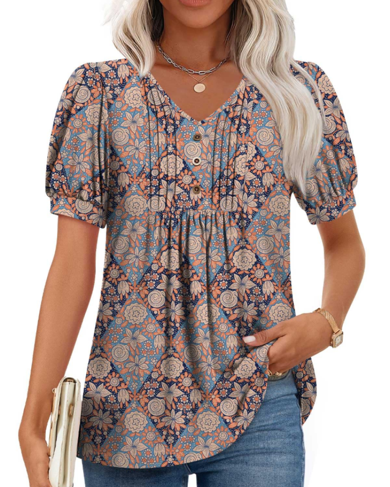 Delaney Damesblouse met V-hals – Top met pofmouwen, ruches en knopen