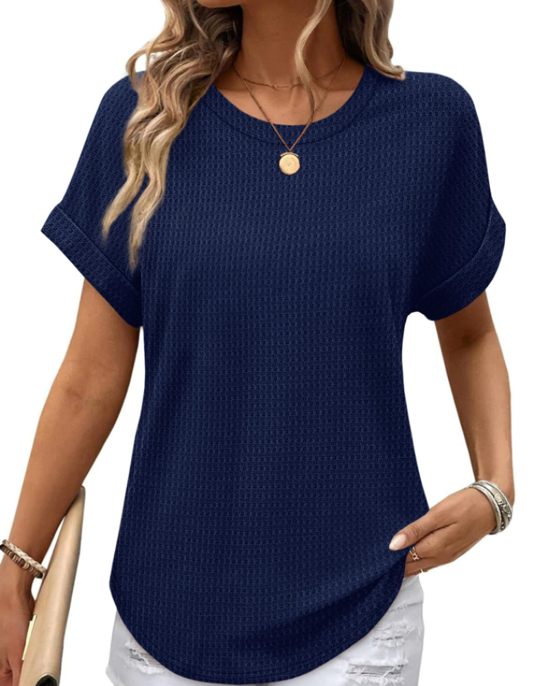 Hannah Top Mulher em Malha Texturada – T-shirt com Gola Redonda e Mangas Dobradas