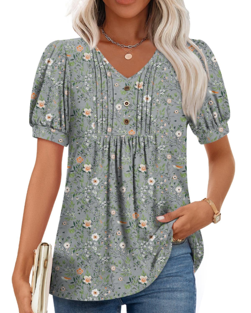 Delaney Damesblouse met V-hals – Top met pofmouwen, ruches en knopen
