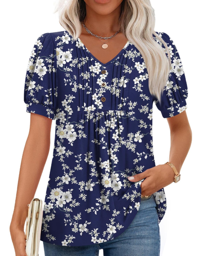 Delaney Damesblouse met V-hals – Top met pofmouwen, ruches en knopen