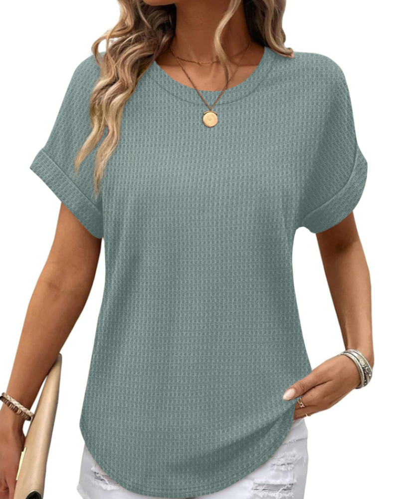 Hannah Top Mulher em Malha Texturada – T-shirt com Gola Redonda e Mangas Dobradas