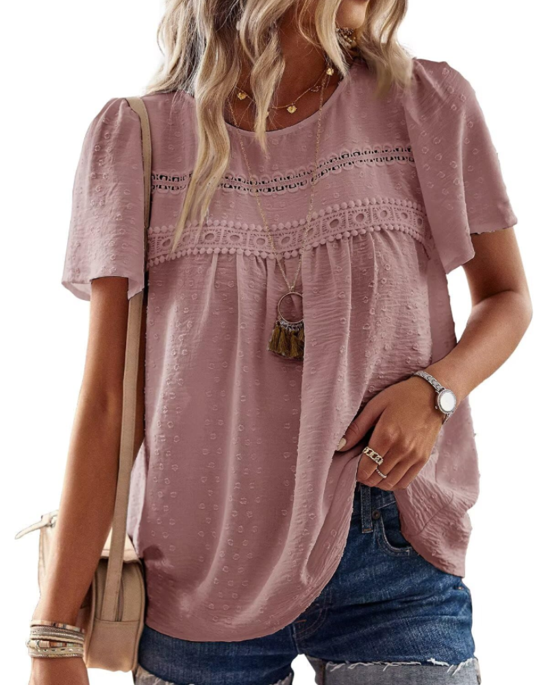 Talia Blouse Bohème Femme en Dentelle – Haut Col Rond à Manches Courtes
