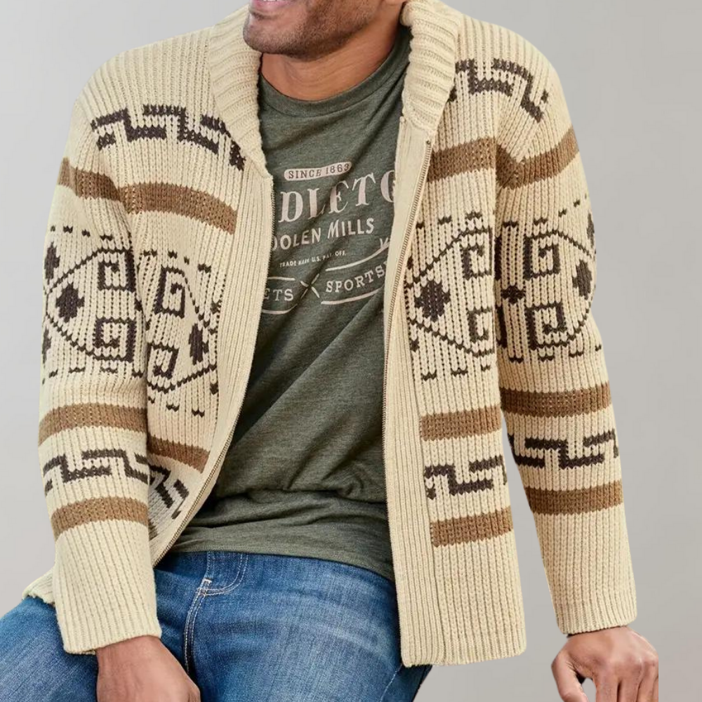 Josh Cardigan Herre Jacquard Western – Tyk Strik, Lynlås & Vintage Outdoor Stil