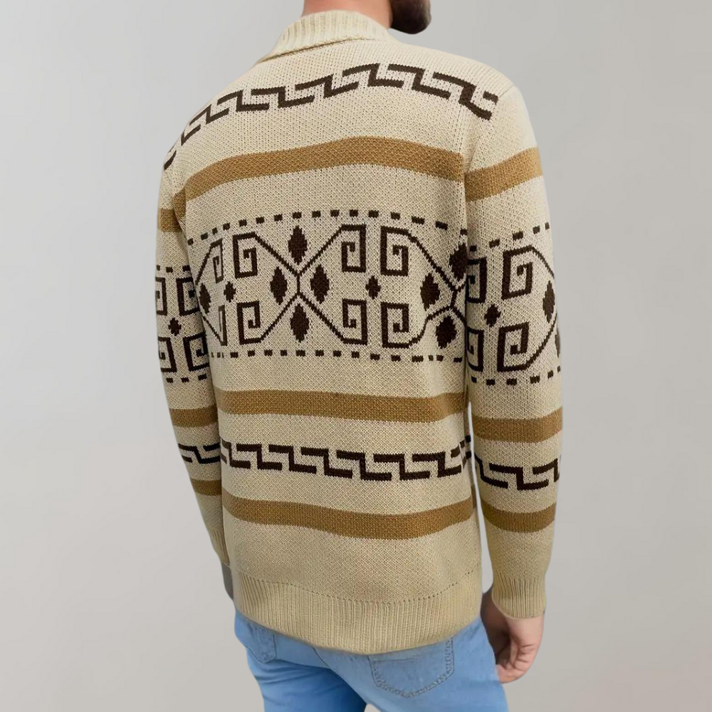 Josh Men's Jacquard Western Cardigan – Thick Knit, Zip & Vintage Outdoor Style