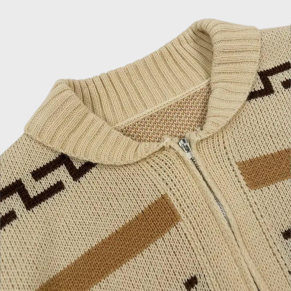 Josh Men's Jacquard Western Cardigan – Thick Knit, Zip & Vintage Outdoor Style