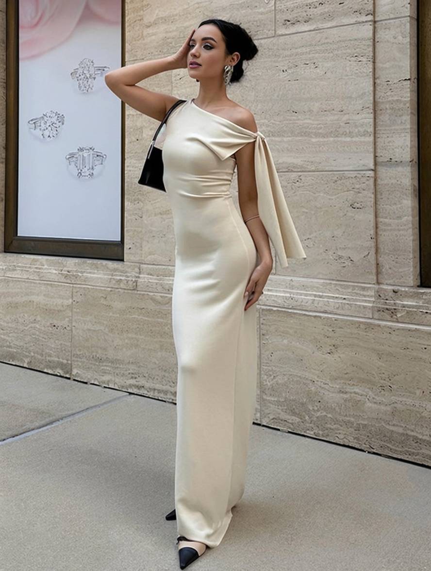 Winona Avondjurk Dames – Elegante Lange Éénzijdige Mouwloze Jurk in Effen Design