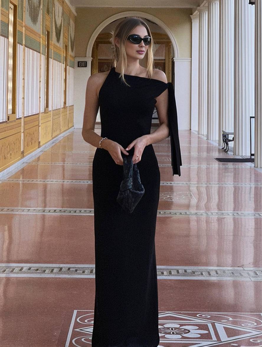 Winona Avondjurk Dames – Elegante Lange Éénzijdige Mouwloze Jurk in Effen Design