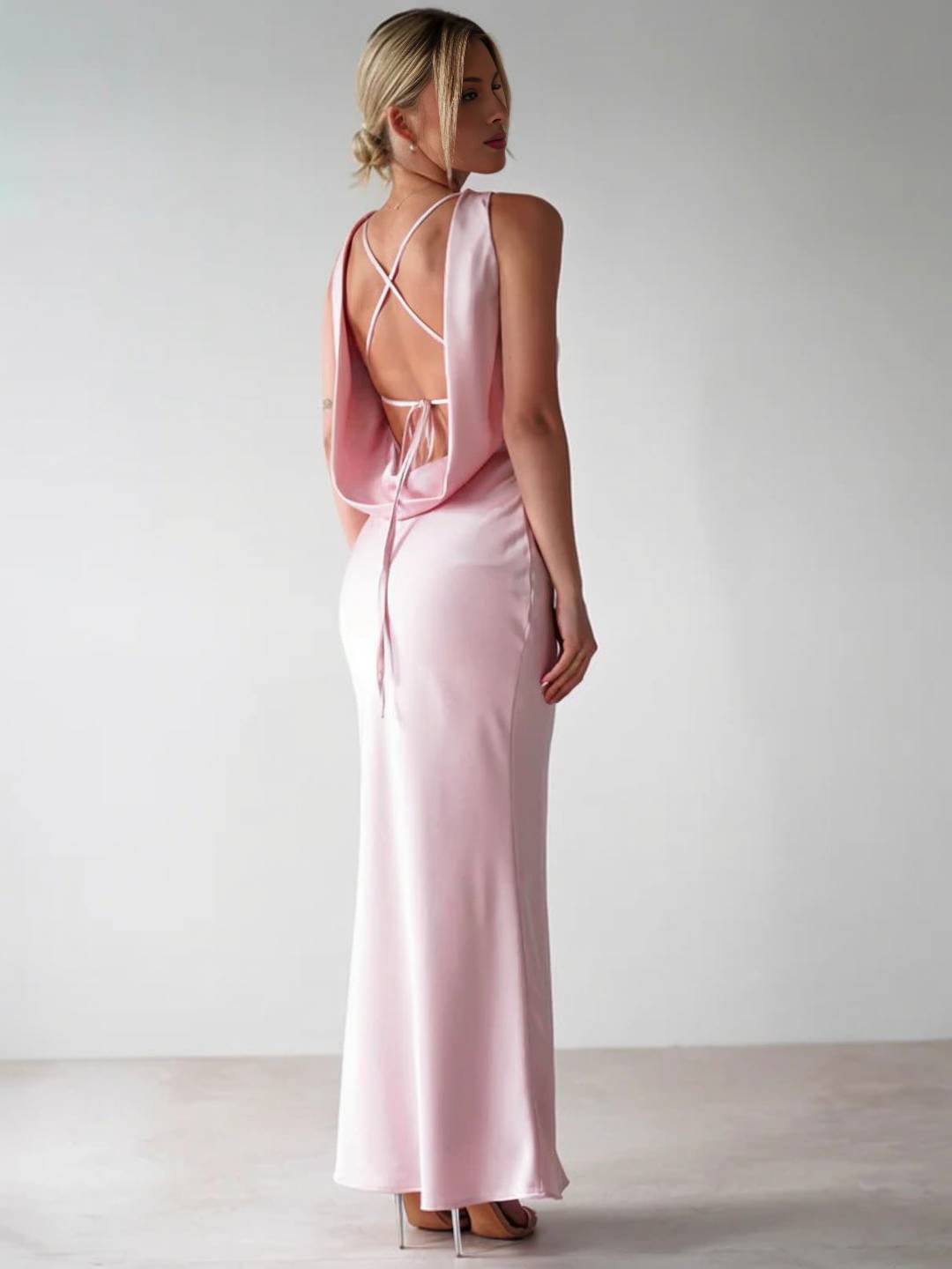 Vestido de noche para mujeres de Yvette: vestido sin mangas largas con espalda abierta y cuello redondo para la gala