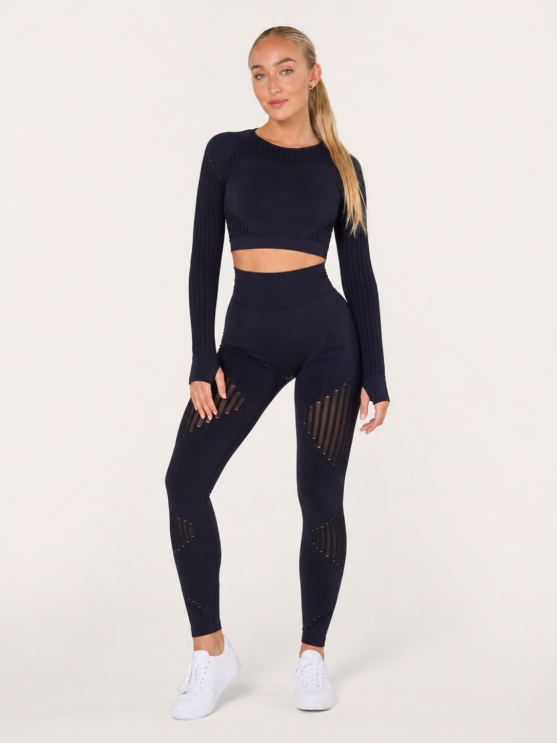 Conjunto deportivo de mujer Maïwen – Set sin costuras de leggings y top de malla elástica para fitness