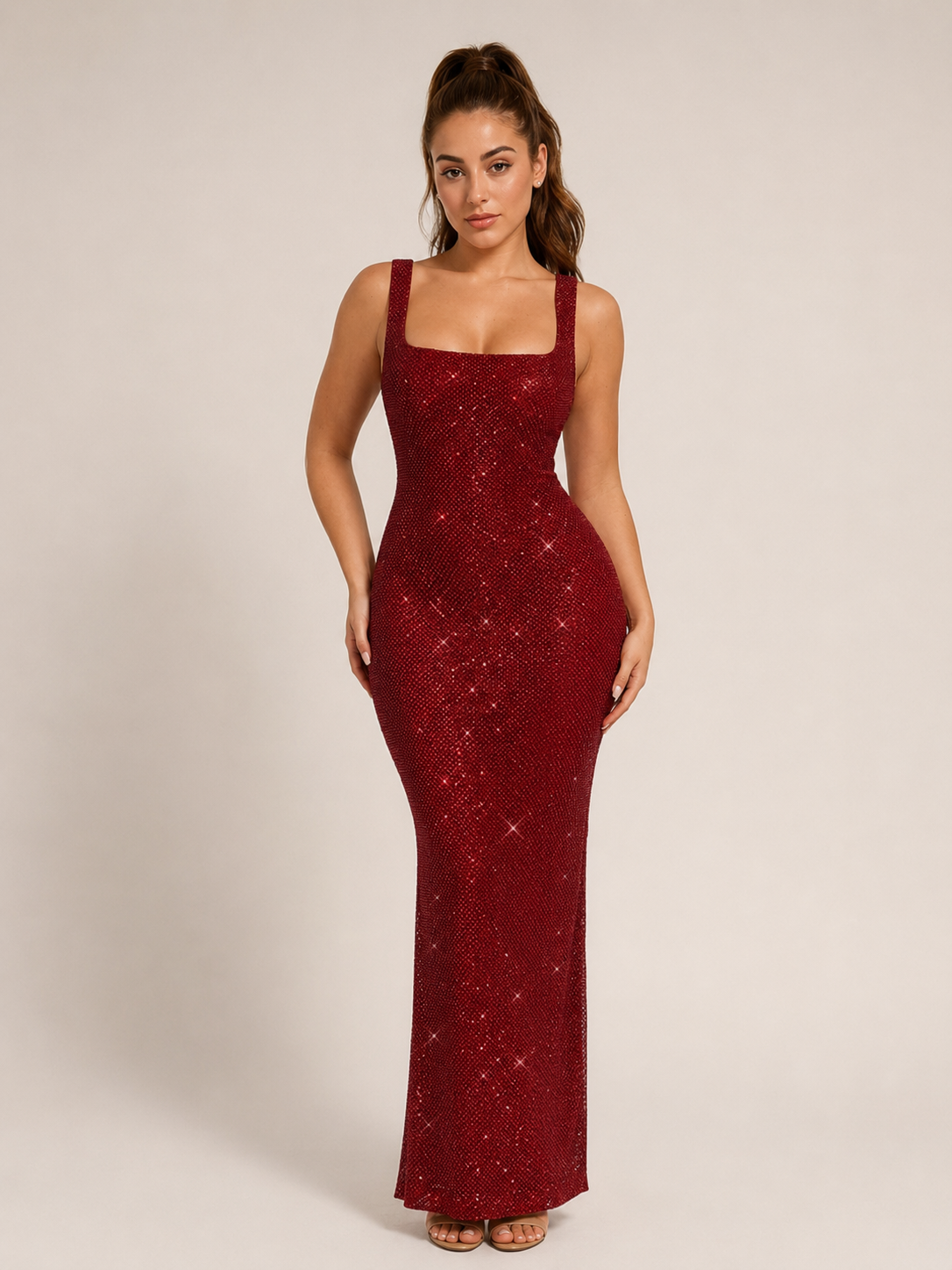 Églantine Vestido Maxi de Senhora – Vestido de Lantejoulas com Costas Descobertas, Decote Quadrado e Corte Justo Elegante