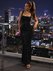Églantine Vestido Maxi de Senhora – Vestido de Lantejoulas com Costas Descobertas, Decote Quadrado e Corte Justo Elegante