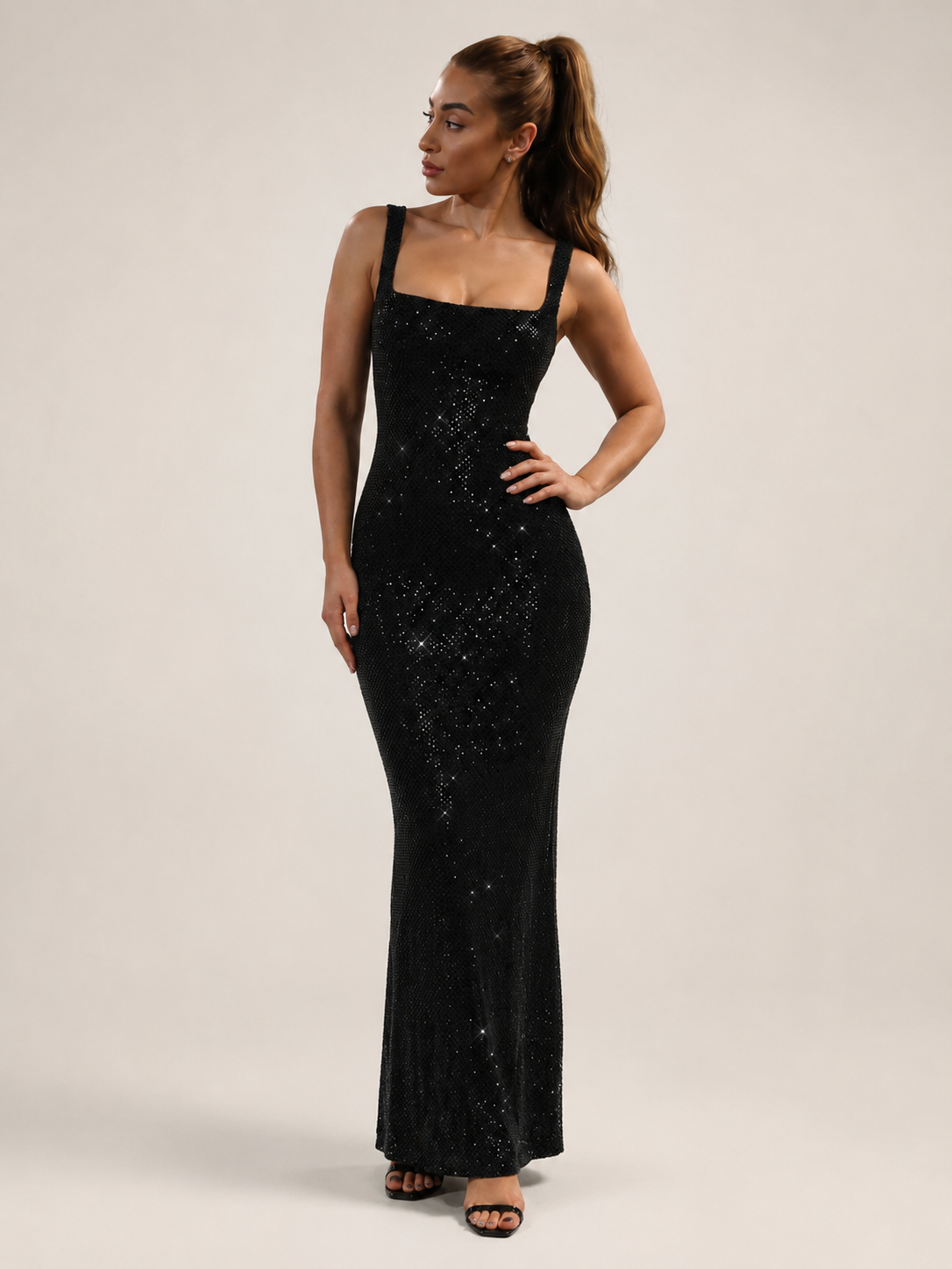 Églantine Vestido Maxi de Senhora – Vestido de Lantejoulas com Costas Descobertas, Decote Quadrado e Corte Justo Elegante