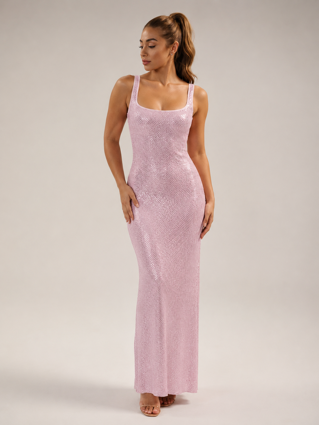 Églantine Vestido Maxi de Senhora – Vestido de Lantejoulas com Costas Descobertas, Decote Quadrado e Corte Justo Elegante
