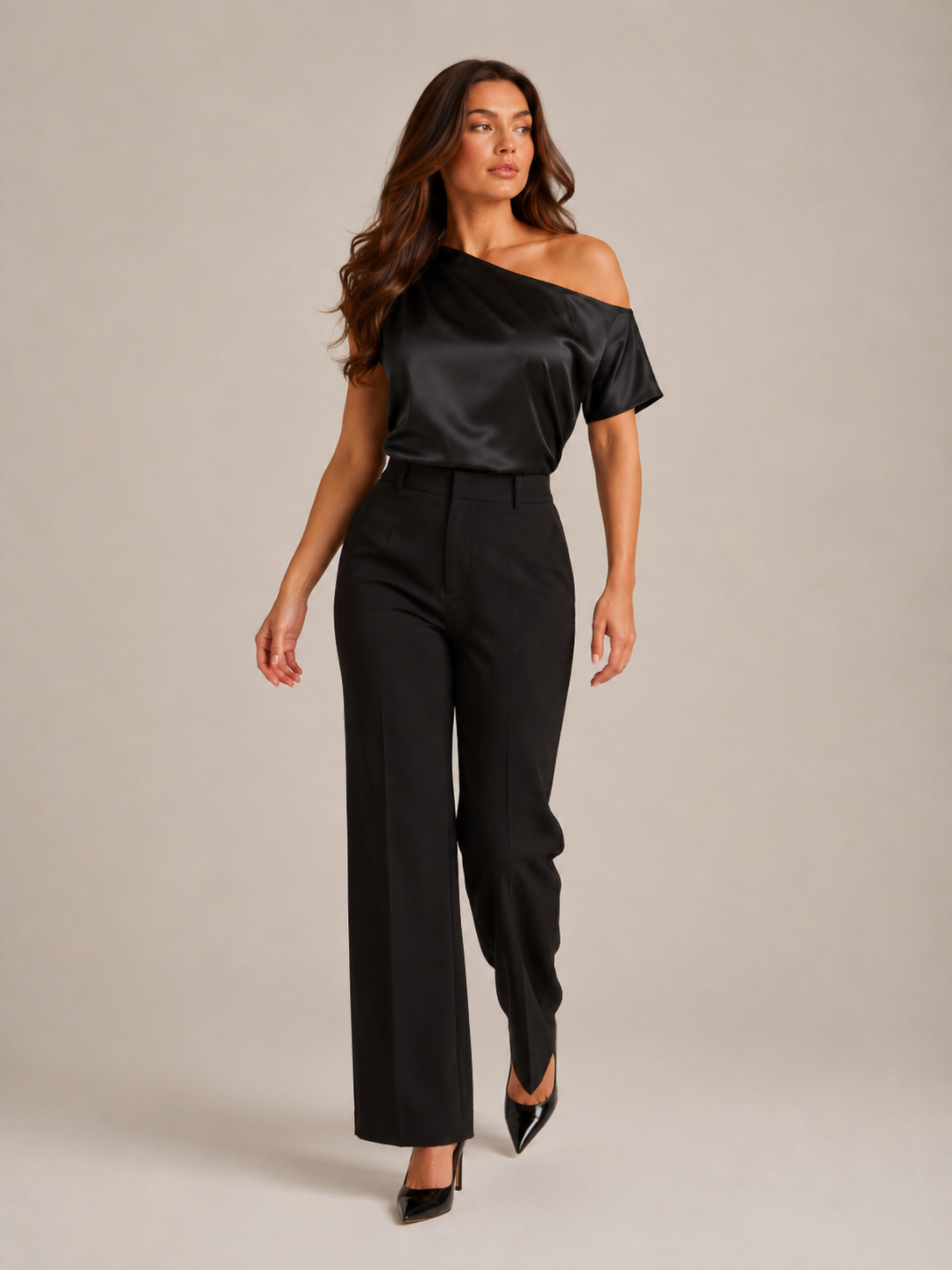 Top Apolline para mujer – blusa entallada de cuello asimétrico, tejido fluido, elegante y moderno