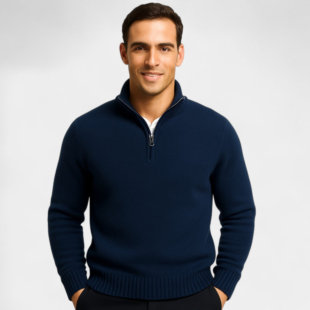 Archer Herrenpullover mit Viertel-Reißverschluss – Dicke Baumwollmischung, Stehkragen, eleganter Winterstil