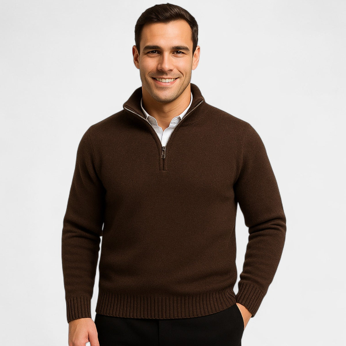 Archer Herrenpullover mit Viertel-Reißverschluss – Dicke Baumwollmischung, Stehkragen, eleganter Winterstil