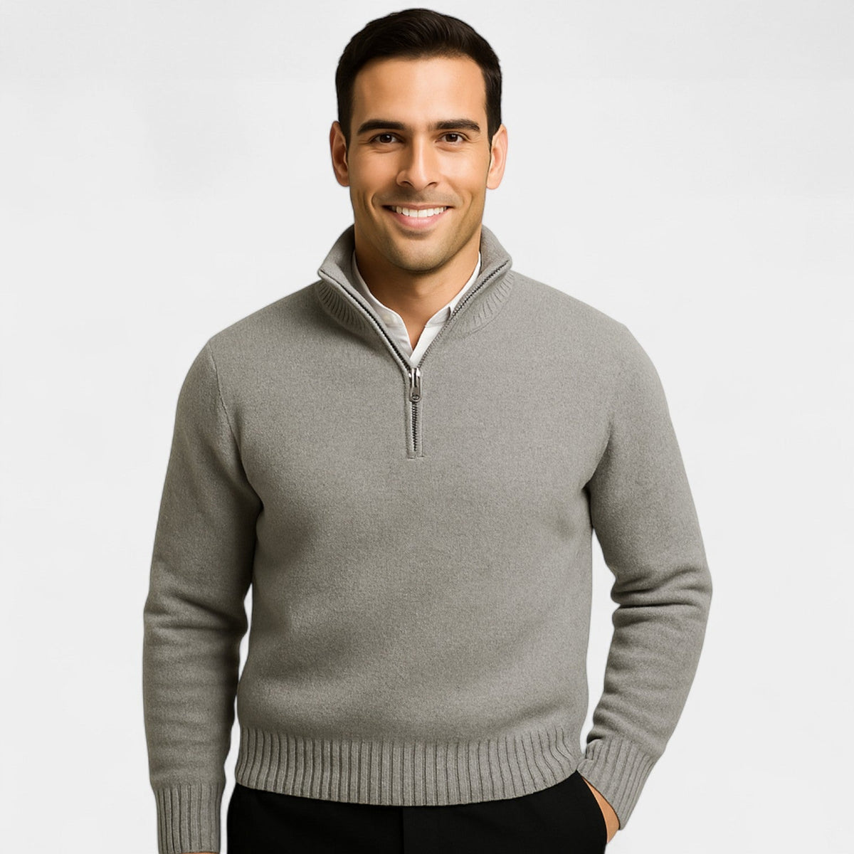 Archer Herrenpullover mit Viertel-Reißverschluss – Dicke Baumwollmischung, Stehkragen, eleganter Winterstil
