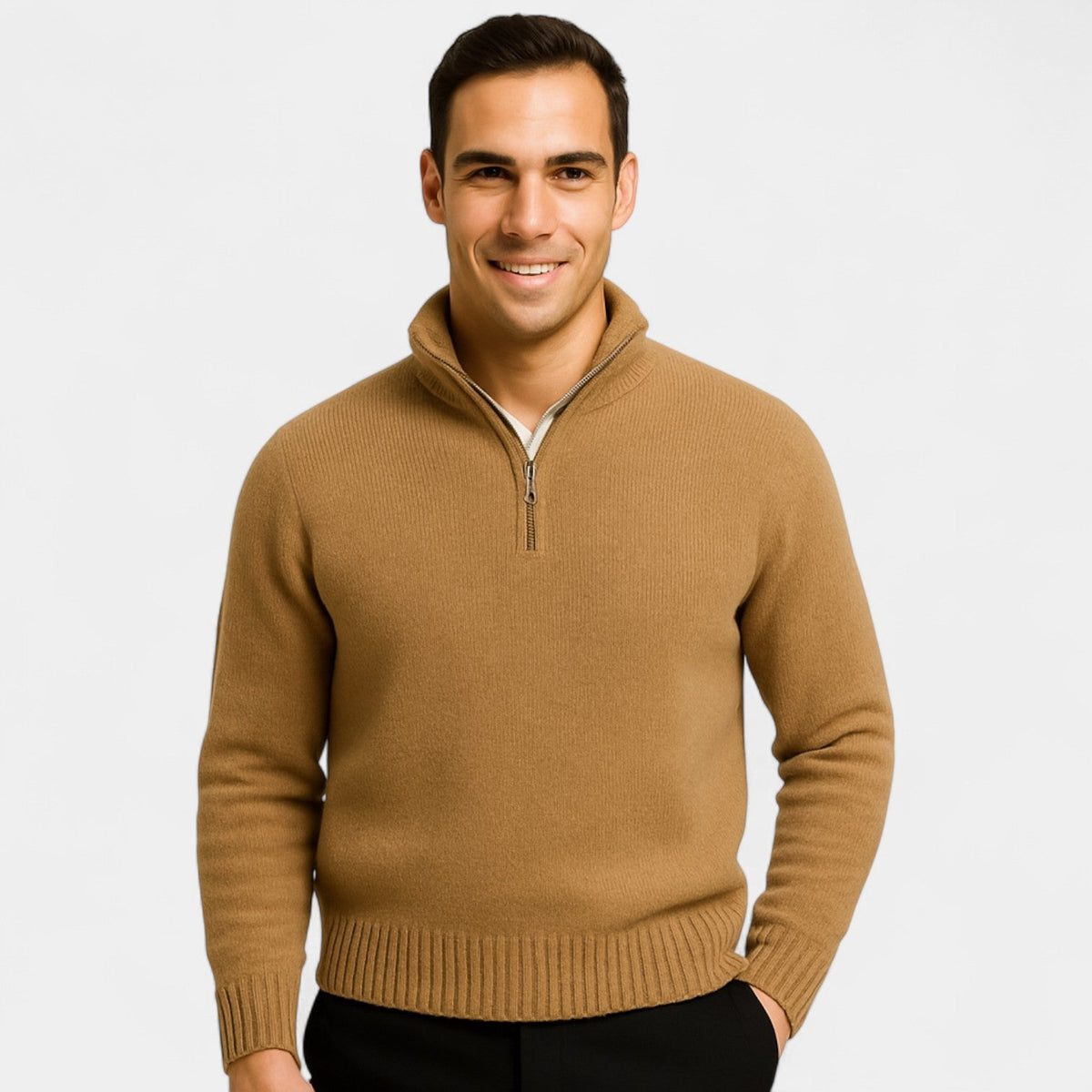 Archer Herrenpullover mit Viertel-Reißverschluss – Dicke Baumwollmischung, Stehkragen, eleganter Winterstil