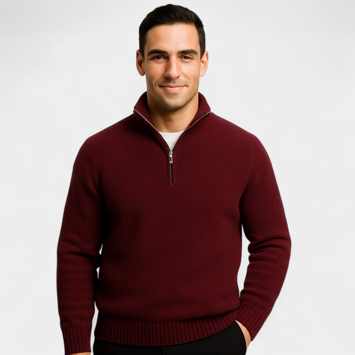 Archer Herrenpullover mit Viertel-Reißverschluss – Dicke Baumwollmischung, Stehkragen, eleganter Winterstil