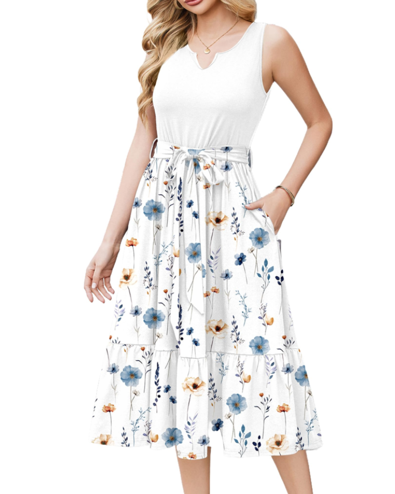 Amelia Midi Jurk Zonder Mouwen Dames – V-hals Jurk met Riem en Zakjes