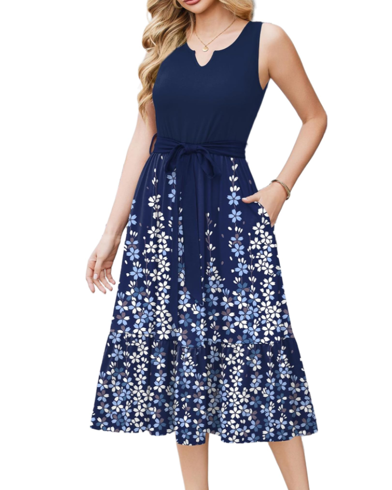 Amelia Midi Jurk Zonder Mouwen Dames – V-hals Jurk met Riem en Zakjes