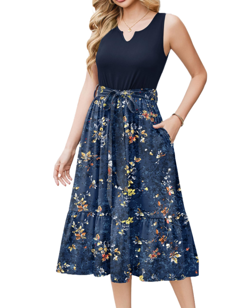 Amelia Midi Jurk Zonder Mouwen Dames – V-hals Jurk met Riem en Zakjes