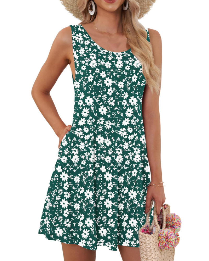 Vestido de Alças Floral Avery para Mulher – Vestido Curto Sem Mangas com Bolsos