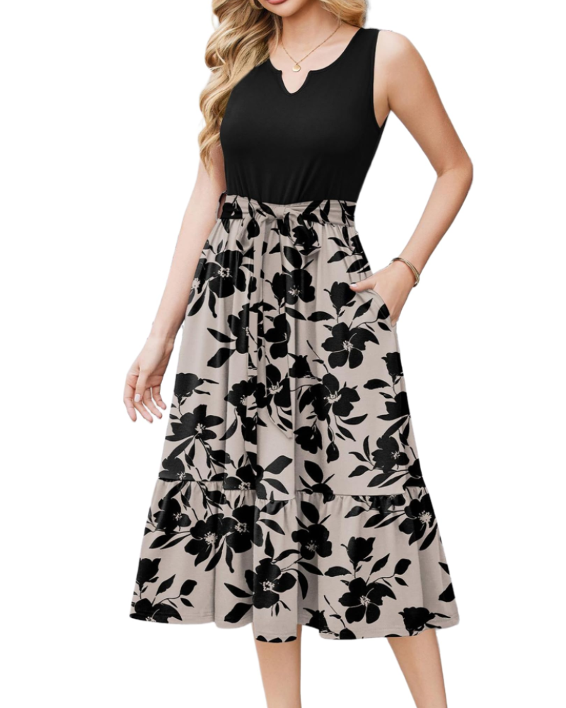 Amelia Midi Jurk Zonder Mouwen Dames – V-hals Jurk met Riem en Zakjes