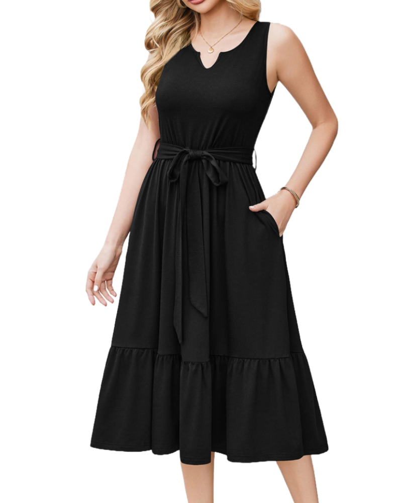 Amelia Midi Jurk Zonder Mouwen Dames – V-hals Jurk met Riem en Zakjes