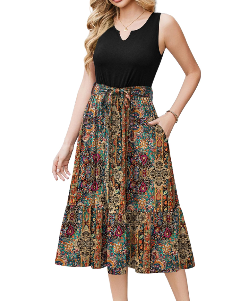 Amelia Midi Jurk Zonder Mouwen Dames – V-hals Jurk met Riem en Zakjes