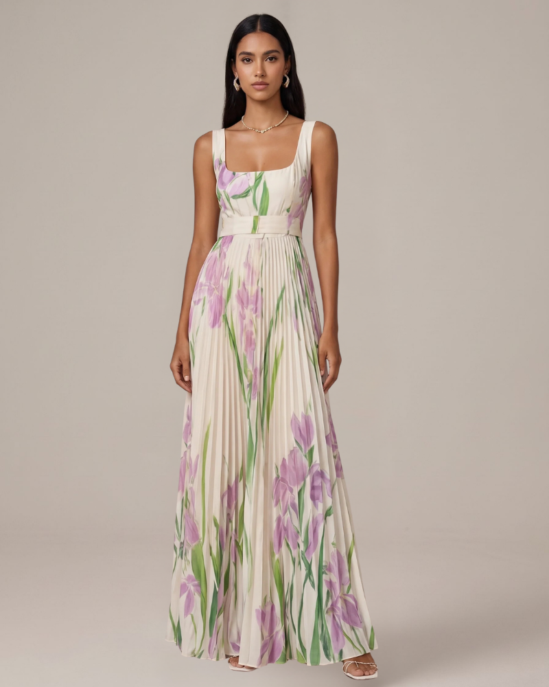 Vestido Maxi Wren Robe Floral Feminino – Vestido Longo Plissado com Estampa Floral Elegante e Fluido
