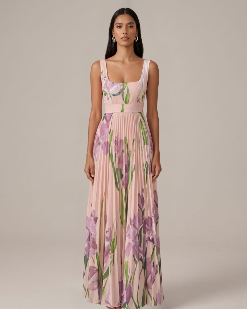 Vestido Maxi Wren Robe Floral Feminino – Vestido Longo Plissado com Estampa Floral Elegante e Fluido