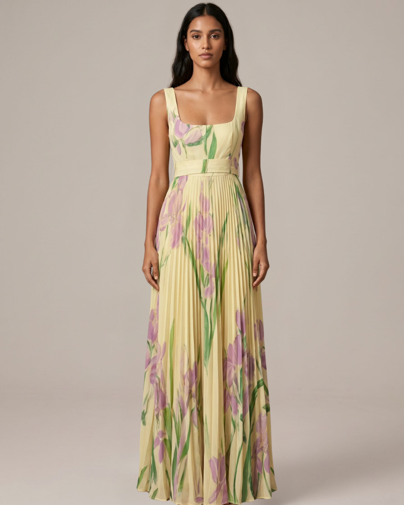 Vestido Maxi Wren Robe Floral Feminino – Vestido Longo Plissado com Estampa Floral Elegante e Fluido