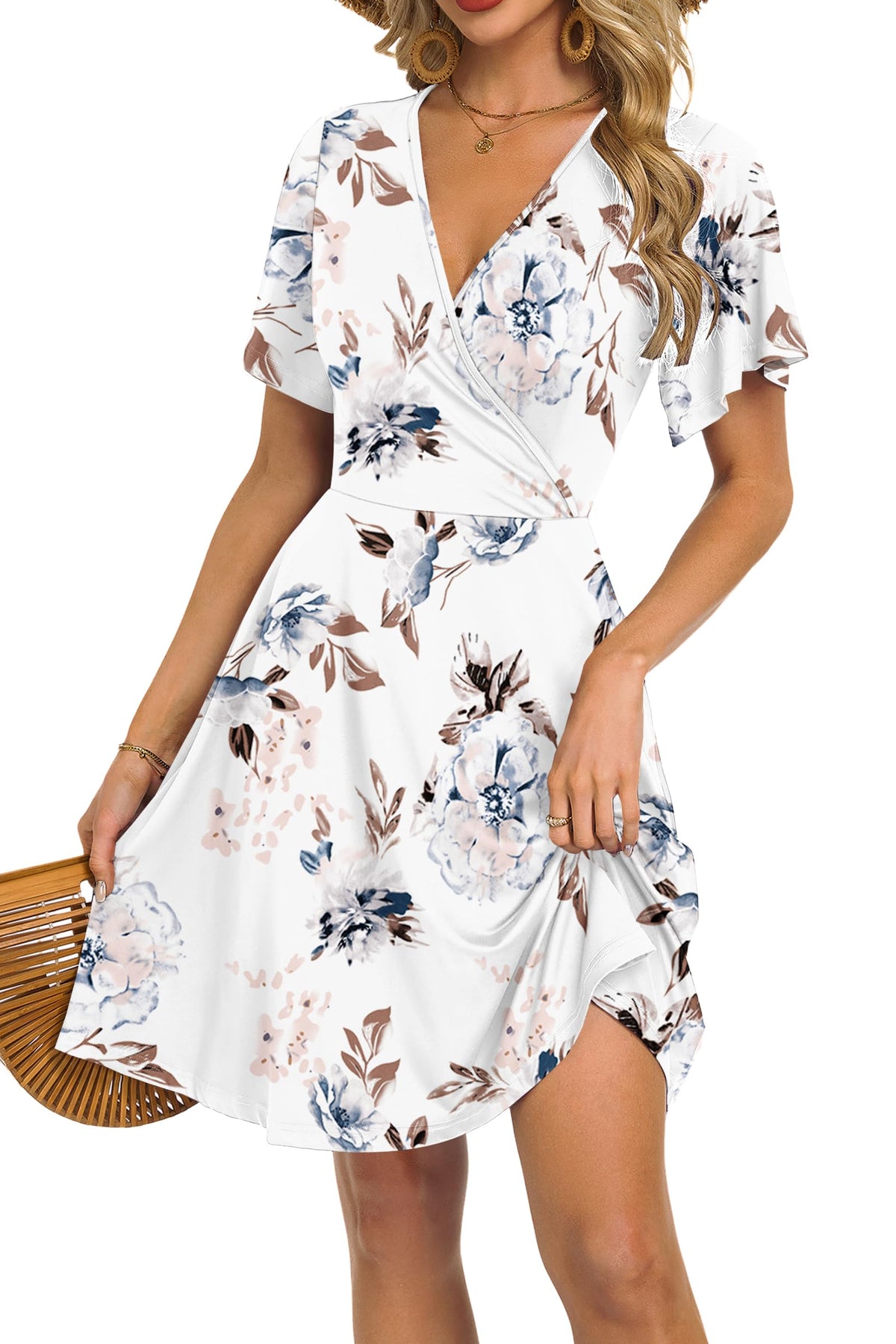 Mariselle Kleid Damen – Wickelkleid mit V-Ausschnitt, Blumenmuster, Empire-Taille & A-Linien Schnitt Sommer