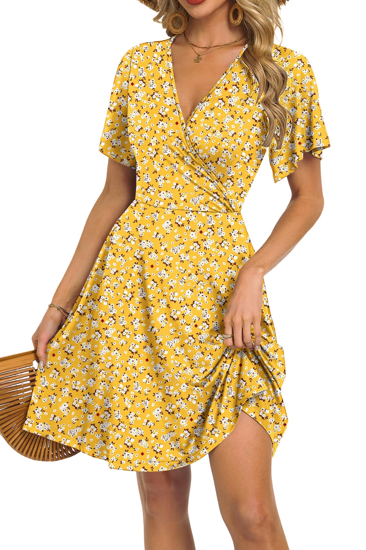 Mariselle Kleid Damen – Wickelkleid mit V-Ausschnitt, Blumenmuster, Empire-Taille & A-Linien Schnitt Sommer