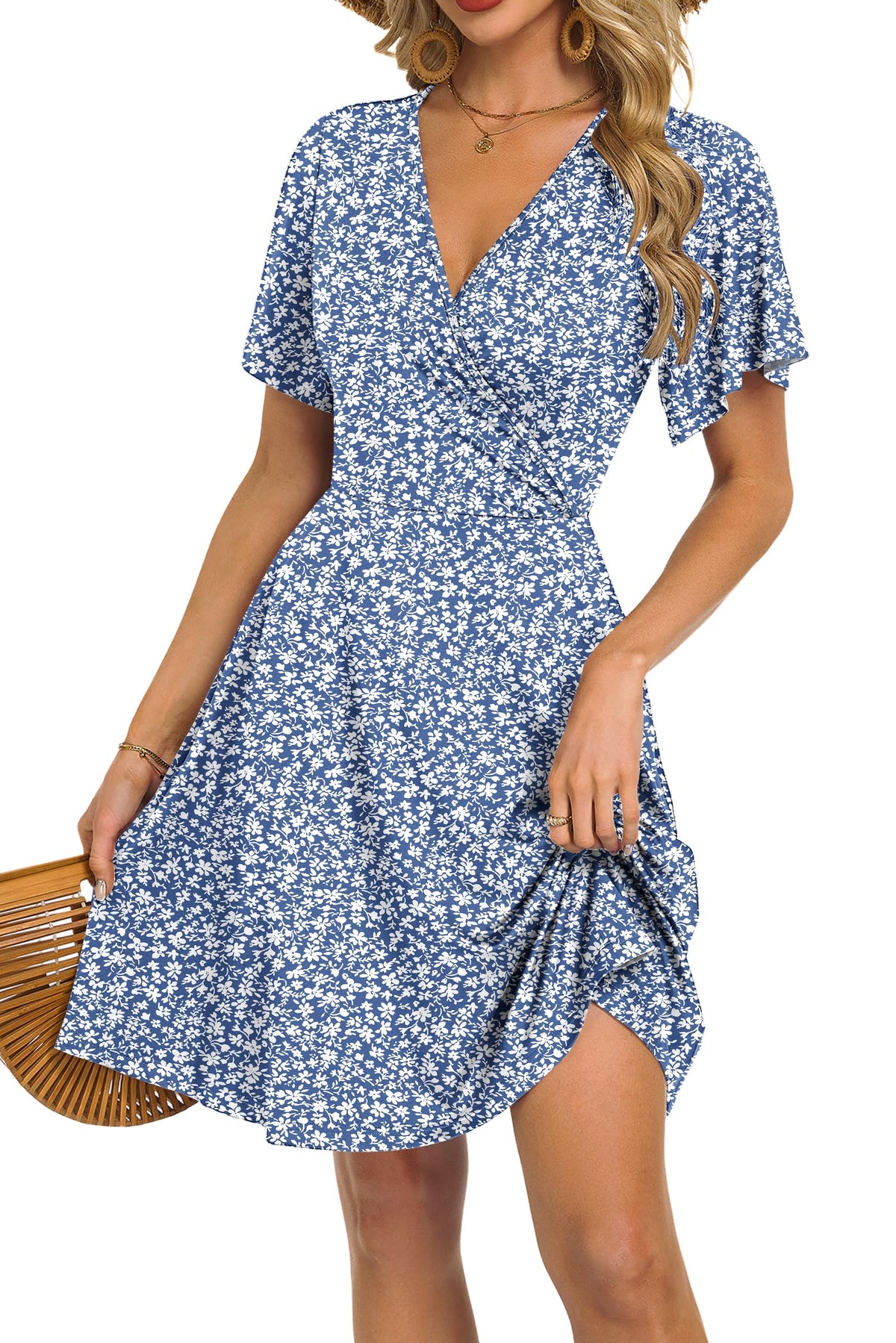 Mariselle Kleid Damen – Wickelkleid mit V-Ausschnitt, Blumenmuster, Empire-Taille & A-Linien Schnitt Sommer