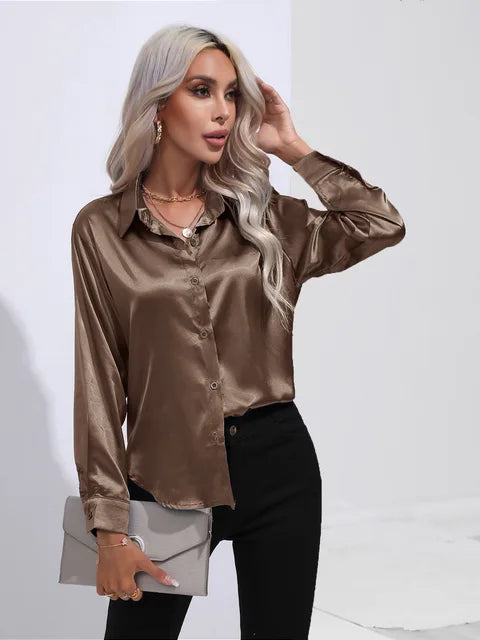 Blusa de Cetim Feminina Valérie – Camisa Elegante de Mangas Longas, Corte Solto e Brilhante