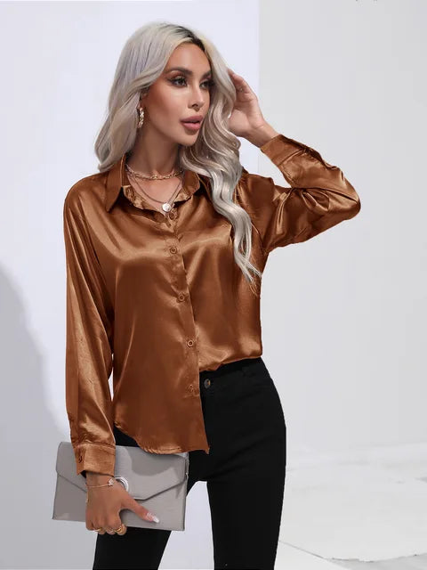 Blusa de Cetim Feminina Valérie – Camisa Elegante de Mangas Longas, Corte Solto e Brilhante