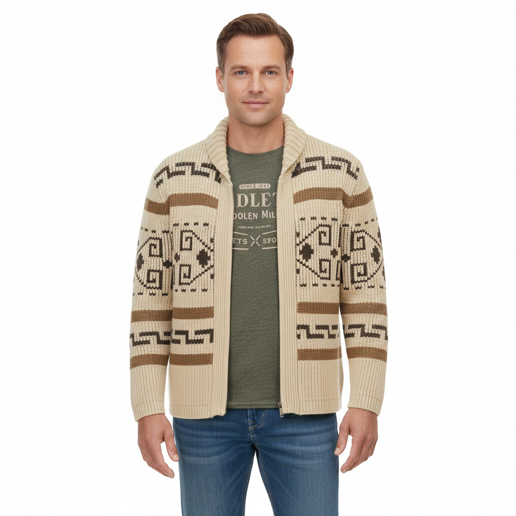 Josh Cardigan Herre Jacquard Western – Tyk Strik, Lynlås & Vintage Outdoor Stil