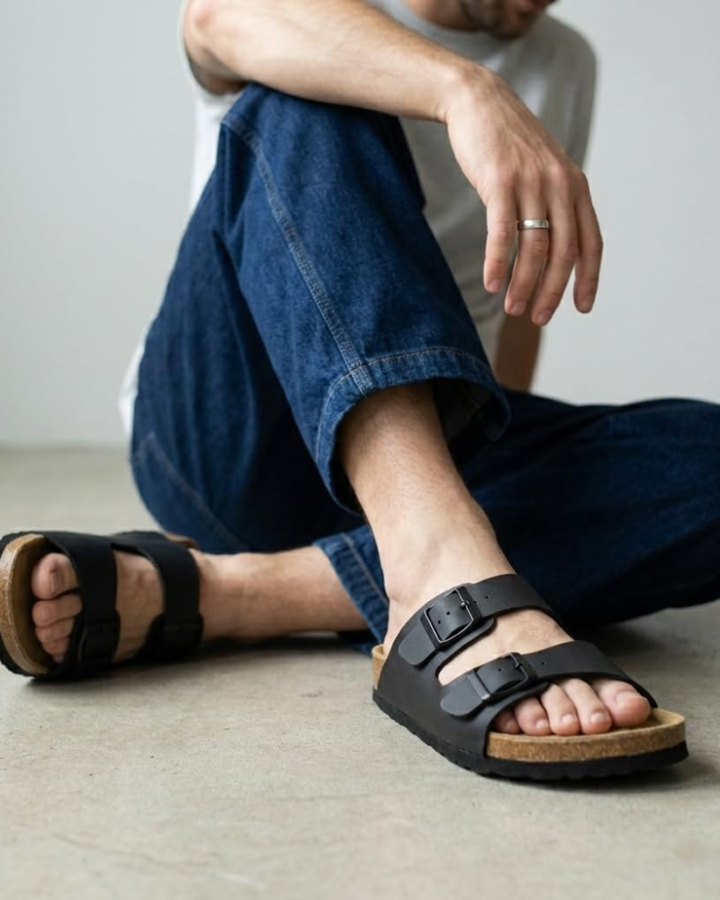 Knoah Herren-Sandalen – Komfortable Slides mit Korksohle & doppelter verstellbarer Schnalle