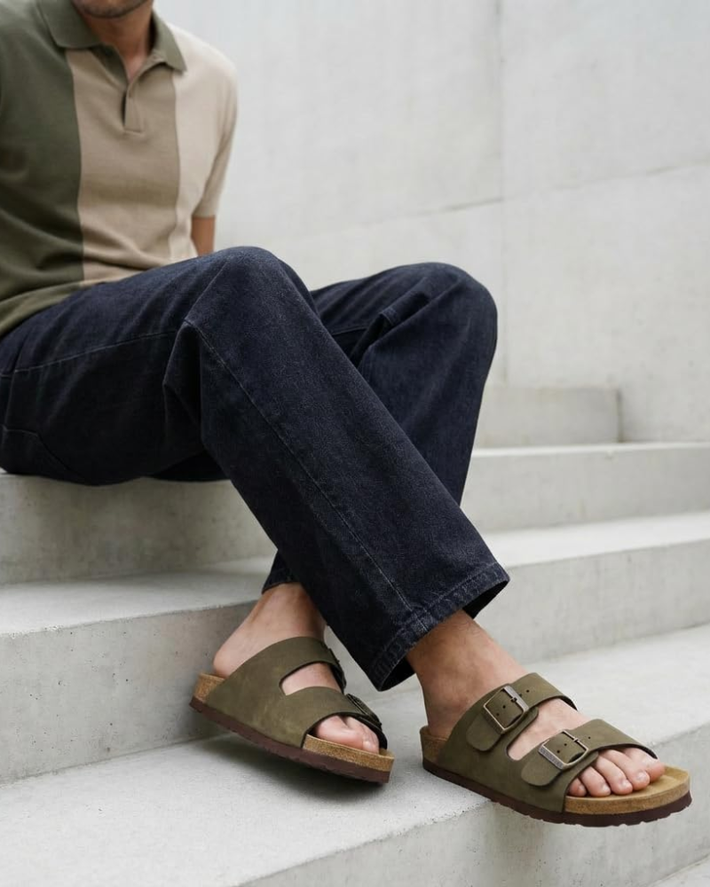 Knoah Herren-Sandalen – Komfortable Slides mit Korksohle & doppelter verstellbarer Schnalle