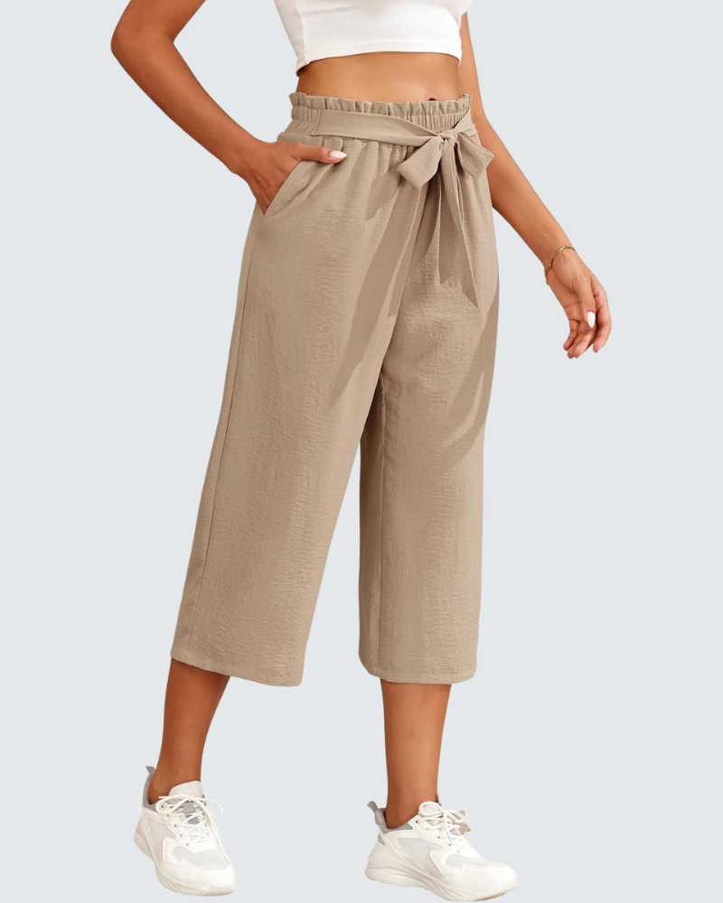 Lanie Calças 7/8 Mulher – Calças Largas Cintura Alta com Bolsos e Cinto Atado