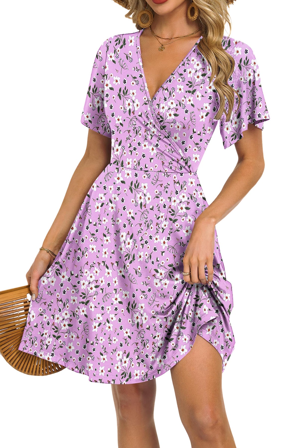 Mariselle Kleid Damen – Wickelkleid mit V-Ausschnitt, Blumenmuster, Empire-Taille & A-Linien Schnitt Sommer