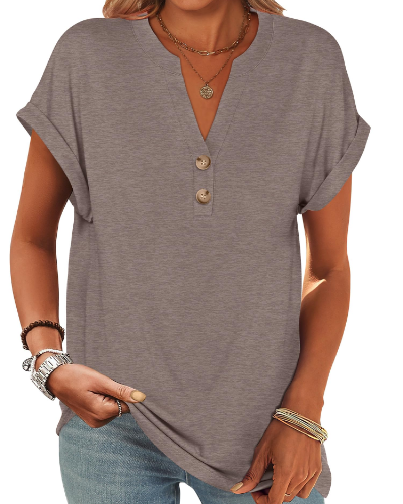 Manon top pre ženy – blúzka Henley s výstrihom do V a zapínaním na gombíky, voľný casual chic letný strih
