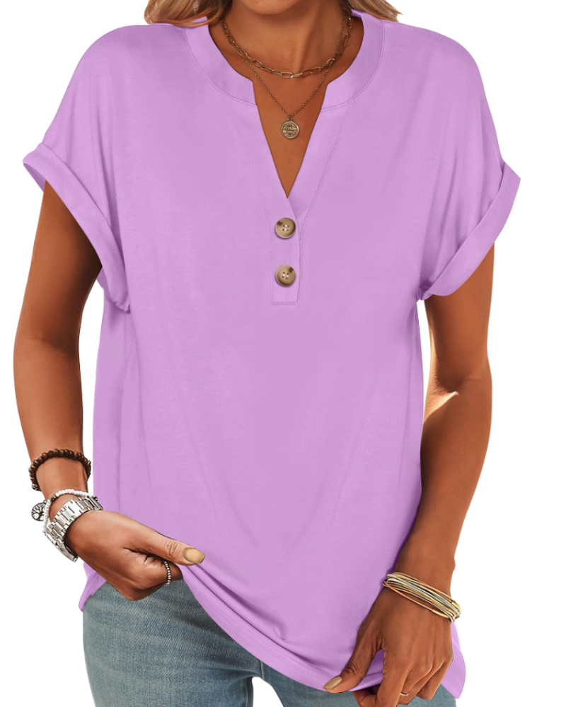 Manon top pre ženy – blúzka Henley s výstrihom do V a zapínaním na gombíky, voľný casual chic letný strih