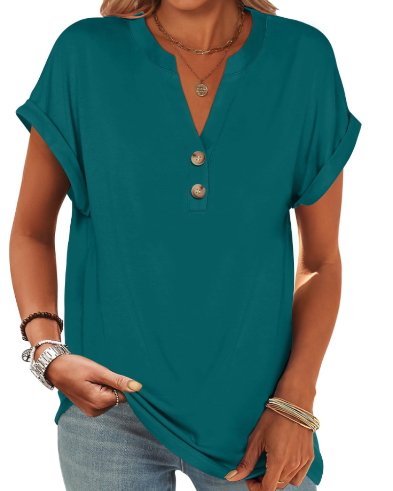 Manon top pre ženy – blúzka Henley s výstrihom do V a zapínaním na gombíky, voľný casual chic letný strih