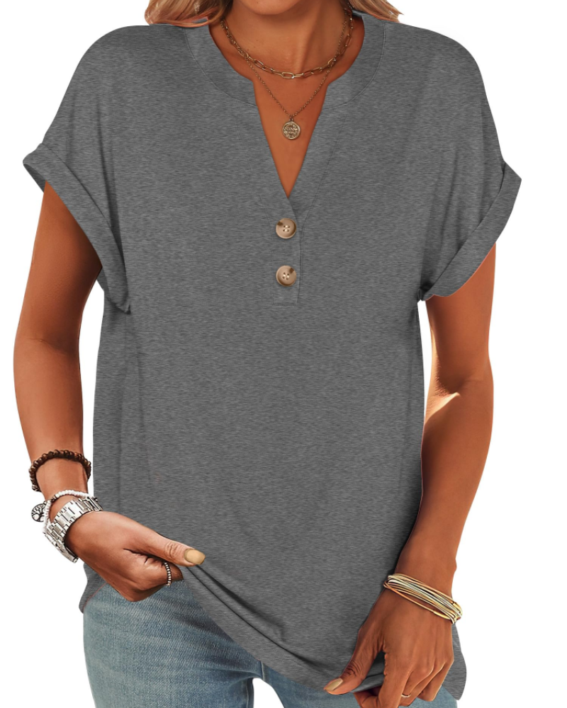 Manon top pre ženy – blúzka Henley s výstrihom do V a zapínaním na gombíky, voľný casual chic letný strih