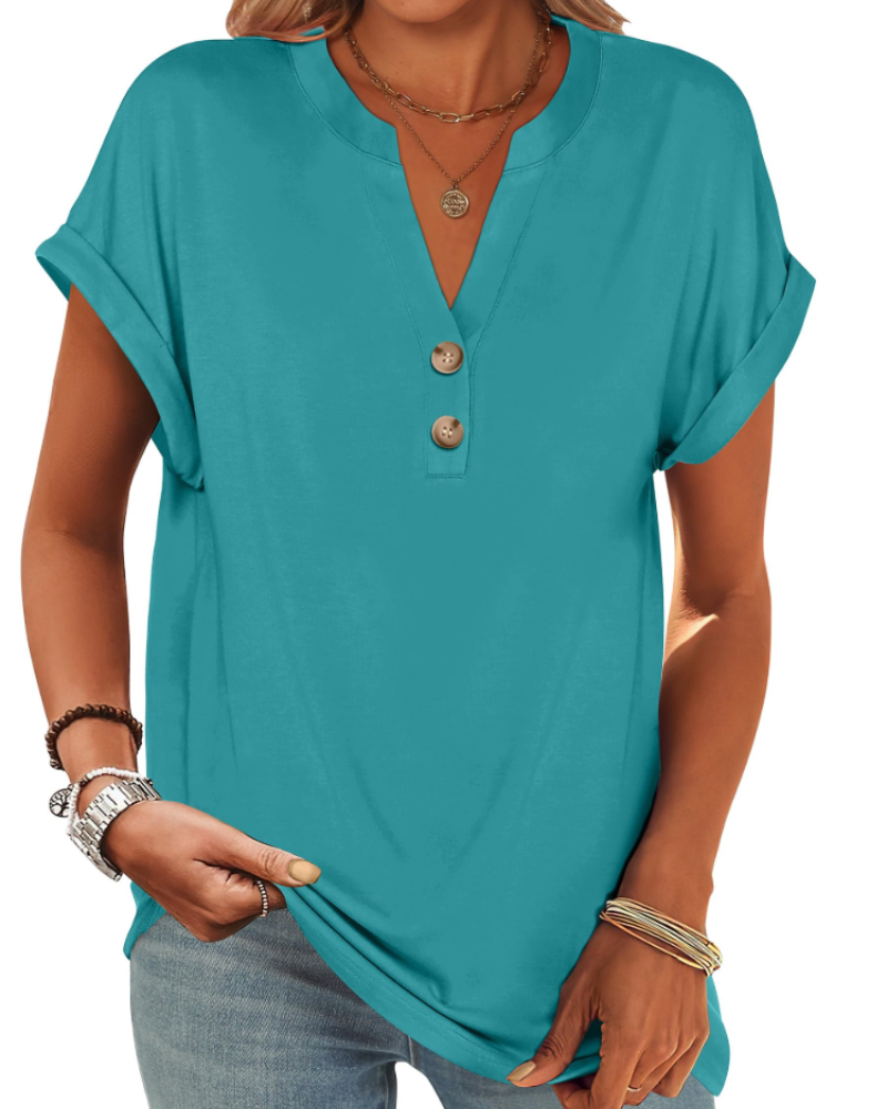 Manon top pre ženy – blúzka Henley s výstrihom do V a zapínaním na gombíky, voľný casual chic letný strih