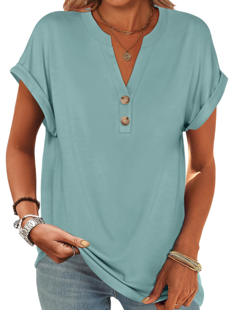 Manon top pre ženy – blúzka Henley s výstrihom do V a zapínaním na gombíky, voľný casual chic letný strih